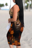 Black African Girl Print Sleeveless Backless U Neck Wrapped Skirt Casual Outing Bodycon Midi Tank Dresses