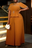 Brown Formal Evening Party Prom Fringed Trim Patchwork V Neck Cape Sleeves Wide Leg Pleated Jumpsuits