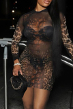 Leopard Print Mesh Sheer Patchwork O Neck Long Sleeve Wrapped Skirt Night Club Bodycon Mini Dresses