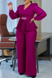 Black Formal Office V Neck Long Sheer Puff Sleeve Fitted Peplum Blouse and Wide Leg Pants Two Pieces Trouser Sets