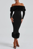 Black Formal Evening Party Prom Gown Backless Fluffy Trim Off Shoulder and Hem Long Sleeve Bodycon Maxi Dresses