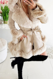 Off White Patchwork Strap Design Cardigan Collar Long Sleeve Faux Fur Belted PU Leather Jackets
