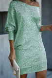 White Silver Sequin Evening Party Gown Oblique Collar Long Sleeve Mini Dresses