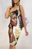 Black African Girl Print Sleeveless Backless U Neck Wrapped Skirt Casual Outing Bodycon Midi Tank Dresses