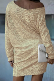White Silver Sequin Evening Party Gown Oblique Collar Long Sleeve Mini Dresses