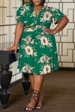 Green Casual Floral Print Belted V Neck Ruffle Sleeve Crop Tops And Pleated Midi Skirt Vacation Plus Size Two Pieces Dress Set