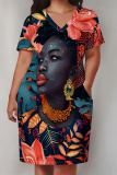 Brown African Girl Flower Print V Neck Short Sleeve Casual Outing Plus Size T Shirt Midi Dress with Pockets