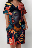 Brown African Girl Flower Print V Neck Short Sleeve Casual Outing Plus Size T Shirt Midi Dress with Pockets
