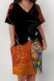 Yellow African Girl Print V Neck Short Sleeve Pocket Casual Outing Plus Size T Shirt Midi Dress