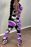 Multicolor Casual Street Stripe Splashed ink Print O Neck Short Sleeve Crop T-shirt And Flare Leg Pants Two Pieces Trouser Sets