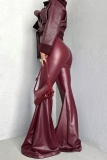 Black Casual Boot Cut High Waist Speaker PU Leather Flare Leg Pants