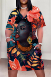 Brown African Girl Flower Print V Neck Short Sleeve Casual Outing Plus Size T Shirt Midi Dress with Pockets