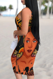 Black African Girl Print Sleeveless Backless U Neck Wrapped Skirt Casual Outing Bodycon Midi Tank Dresses