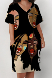 Yellow African Girl Print V Neck Short Sleeve Pocket Casual Outing Plus Size T Shirt Midi Dress