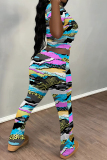 Multicolor Casual Street Stripe Splashed ink Print O Neck Short Sleeve Crop T-shirt And Flare Leg Pants Two Pieces Trouser Sets
