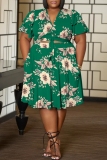 Green Casual Floral Print Belted V Neck Ruffle Sleeve Crop Tops And Pleated Midi Skirt Vacation Plus Size Two Pieces Dress Set