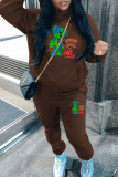 Grey Cartoon Letter Print Long Sleeve Fleece Hooded Sweatshirt and Drawstring Pants Sportwear Casual Two Pieces Sweatpant Set