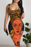 Black African Girl Print Sleeveless Backless U Neck Wrapped Skirt Casual Outing Bodycon Midi Tank Dresses