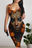 Black African Girl Print Sleeveless Backless U Neck Wrapped Skirt Casual Outing Bodycon Midi Tank Dresses