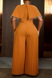 Brown Formal Evening Party Prom Fringed Trim Patchwork V Neck Cape Sleeves Wide Leg Pleated Jumpsuits