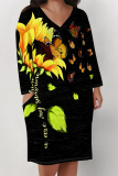 Black Flowers Butterfly Print Pocket V Neck Long Sleeve Casual Outing Plus Size T Shirt Midi Dress