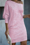 White Silver Sequin Evening Party Gown Oblique Collar Long Sleeve Mini Dresses