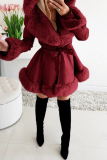 Off White Patchwork Strap Design Cardigan Collar Long Sleeve Faux Fur Belted PU Leather Jackets