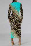Casual Outing Snakeskin Leopard Print O Neck Long Sleeve Bodycon Maxi Dress