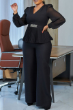 Black Formal Office V Neck Long Sheer Puff Sleeve Fitted Peplum Blouse and Wide Leg Pants Two Pieces Trouser Sets