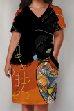 Yellow African Girl Print V Neck Short Sleeve Pocket Casual Outing Plus Size T Shirt Midi Dress