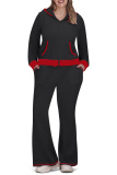 Black Casual Patchwork Hooded Long Sleeve Jackets And Flare Leg Sweatpants Sportwear Two Pieces Jogger Sets