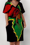 Rose Red African Girl Flowers Print V Neck Short Sleeve Pocket Casual Outing Plus Size T Shirt Midi Dress