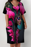 Rose Red African Girl Flowers Print V Neck Short Sleeve Pocket Casual Outing Plus Size T Shirt Midi Dress