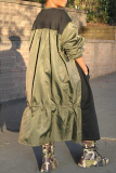 Army Green Casual Outing Vacation O Neck Long Sleeve Black Patchwork Front Long Loose Maxi Dresses