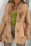 Black Patchwork Strap Design Cardigan Collar Long Sleeve Faux Fur Belted PU Leather Jackets