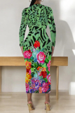 Casual Outing Snakeskin Leopard Print O Neck Long Sleeve Bodycon Maxi Dress