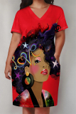 Yellow African Girl Print V Neck Short Sleeve Pocket Casual Outing Plus Size T Shirt Midi Dress