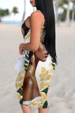 Black African Girl Print Sleeveless Backless U Neck Wrapped Skirt Casual Outing Bodycon Midi Tank Dresses