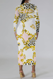 Casual Outing Snakeskin Leopard Print O Neck Long Sleeve Bodycon Maxi Dress
