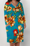 Black Flowers Butterfly Print Pocket V Neck Long Sleeve Casual Outing Plus Size T Shirt Midi Dress
