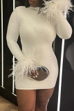 White Formal Evening Party Prom Gown O Neck Long Sleeve with Feathers Cuffs Wrapped Skirt Bodycon Mini Dresses