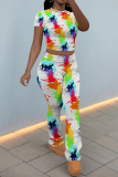 Multicolor Casual Street Stripe Splashed ink Print O Neck Short Sleeve Crop T-shirt And Flare Leg Pants Two Pieces Trouser Sets