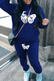 Grey Butterfly Print Hooded Long Sleeve Jackets and Sweatpants Sportwear Two Pieces Jogger Sets