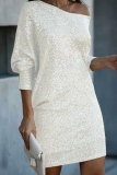 White Silver Sequin Evening Party Gown Oblique Collar Long Sleeve Mini Dresses