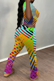 Multicolor Casual Street Stripe Splashed ink Print O Neck Short Sleeve Crop T-shirt And Flare Leg Pants Two Pieces Trouser Sets