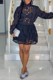Black Casual Hollow Out Buttons See-Through Shirt Collar Long Sleeve Embroidered Blouse And Mini Skirt Two Pieces Dress Sets