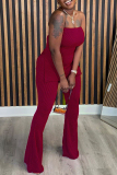 Claret Casual Sleeveless Backless Slit Strapless Tube Tops And Flare Leg Pants Two Pieces Trouser Sets