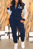 Sportwear Casual Letters Print Pocket Patchwork Zipper Collar Long Sleeve Jackets And Sweatpants Two Pieces Jogger Sets