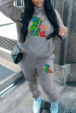 Grey Cartoon Letter Print Long Sleeve Fleece Hooded Sweatshirt and Drawstring Pants Sportwear Casual Two Pieces Sweatpant Set