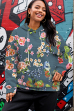 Purple Green Casual Floral Print Hooded Long Sleeve Fall Winter Sweatshirt